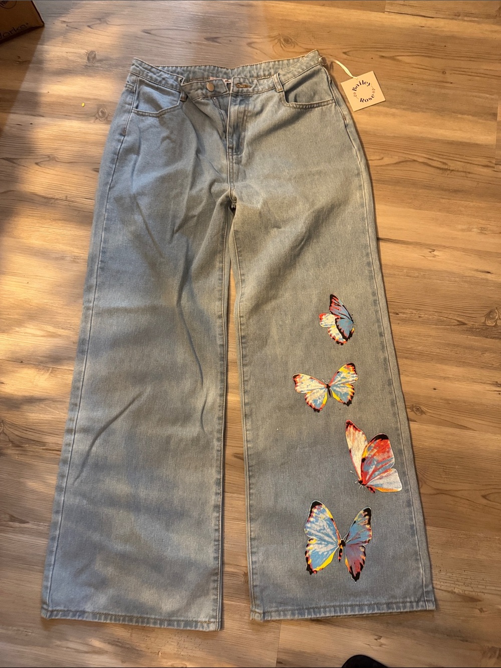 Bailey Rose Light Blue Women’s Wide-Leg Jeans with Colorful Butterfly accents